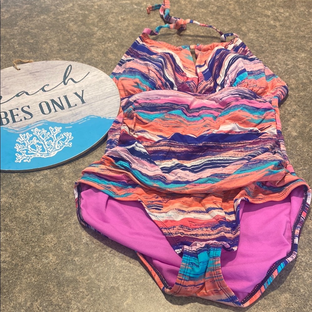 Colorful Striped Halter Style One-Piece Swimsuit